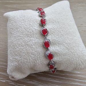 Vintage 925 Sterling Silver Ruby Red Oval Link Bracelet Art Deco Style Crescent